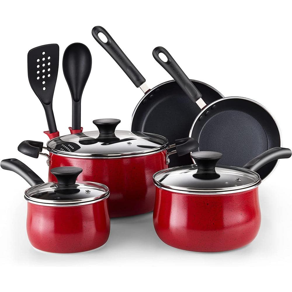 8 Piece Petite Aluminum Non-Stick Cookware Set, Red and White, 8