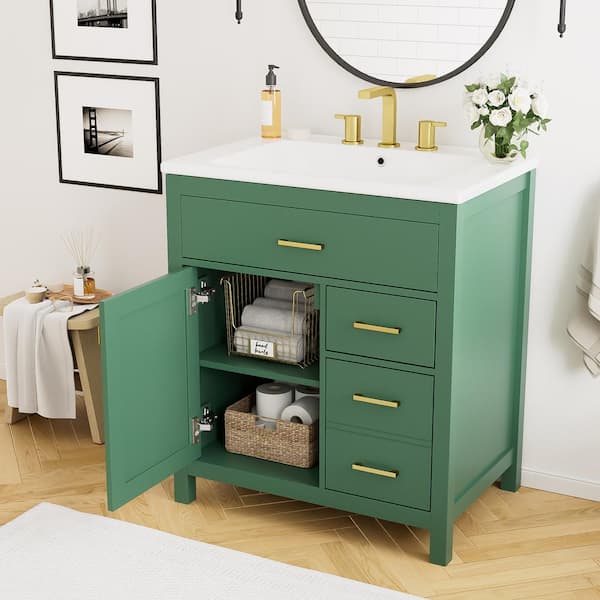 30 in. W Freestanding Bath Vanity in Green with White Ceramic Top and Sink, Ample Storage