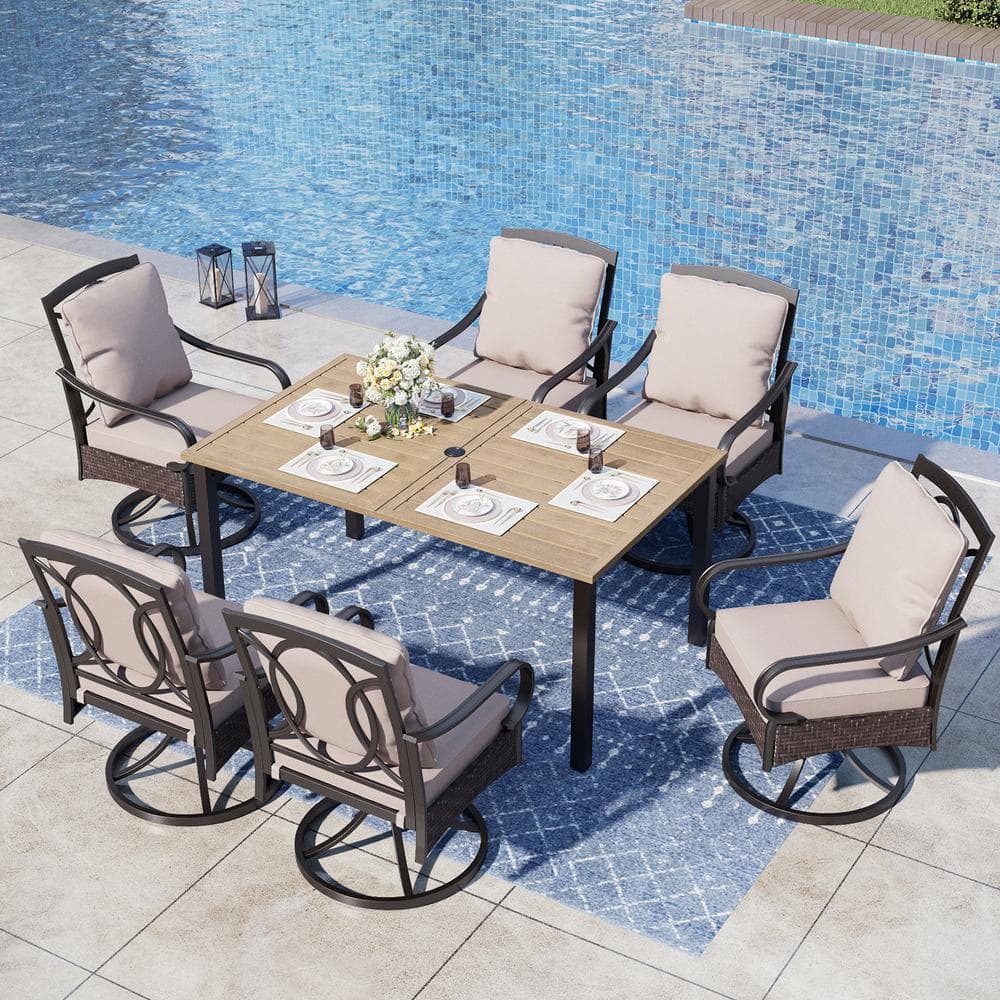 PHI VILLA 7-Piece Metal Outdoor Patio Dining Set with Brown