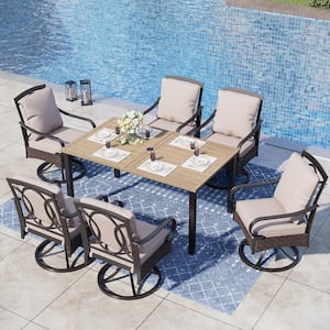 7-Piece Metal Outdoor Patio Dining Set with Brown Rectangular Slat Table-Top and Rattan Swive Chairs with Beige Cushions