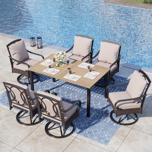 PHI VILLA 7-Piece Metal Outdoor Patio Dining Set with Brown Rectangular Slat Table-Top and Rattan Swive Chairs with Beige Cushions