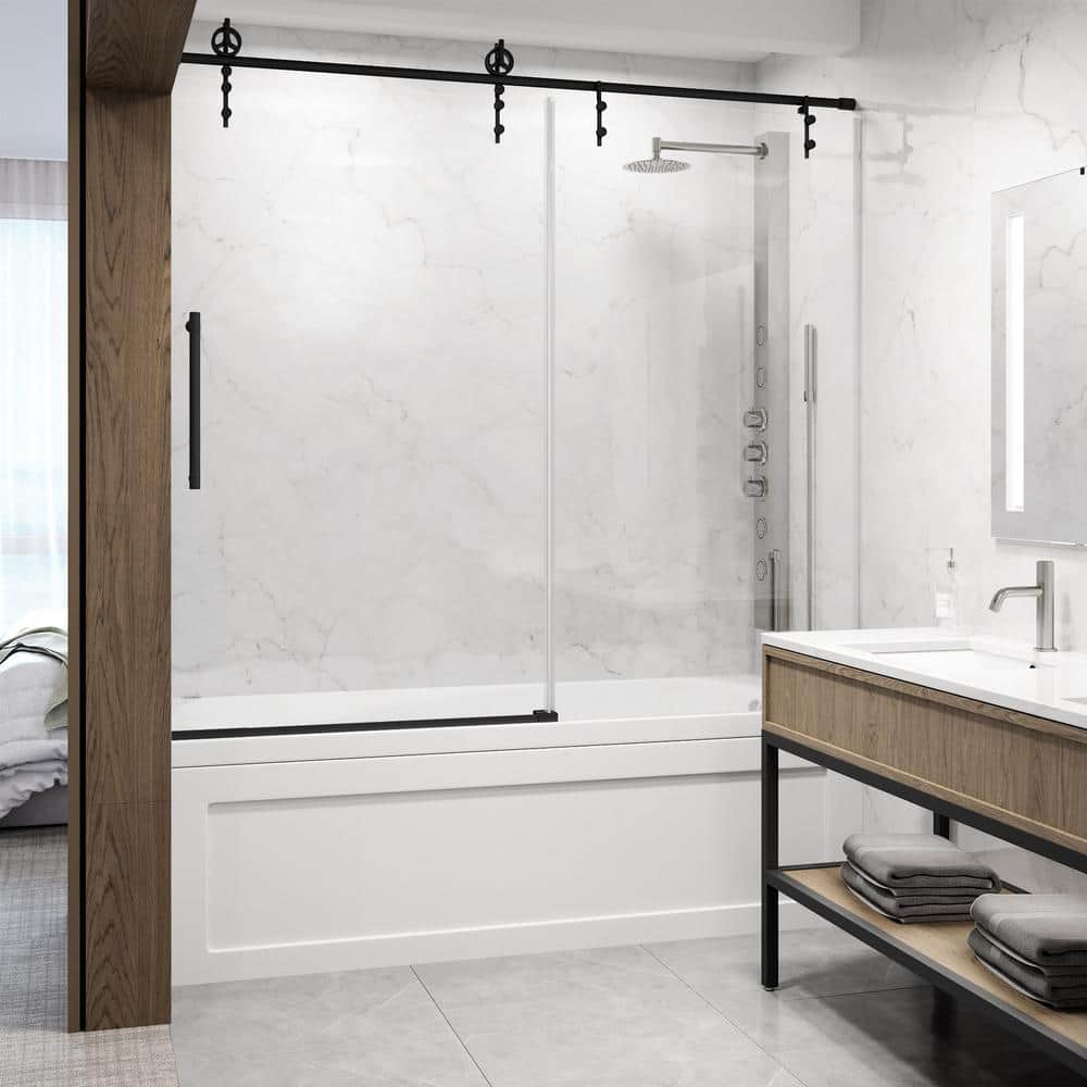 Hamilton 60" Matte Black Frameless Sliding Tub Door with Clear Glass