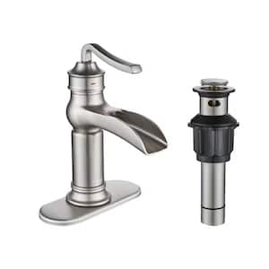 Single Handle Single Hole Waterfall Bathroom Sink Faucet with Deckplate Drain Kit Vanity Sink Spout in Brushed Nickel