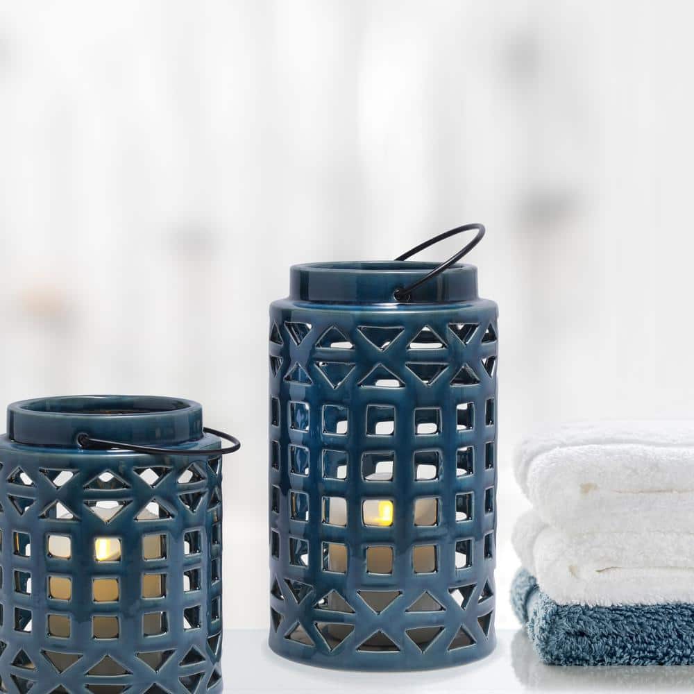 Blue Ceramic Hanging Candle Lantern with Metal Handles