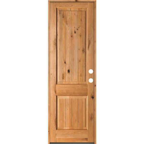Krosswood Doors 30 in. x 96 in. Rustic Knotty Alder Square Top V-Grooved Clear Stain Left-Hand Inswing Wood Single Prehung Front Door