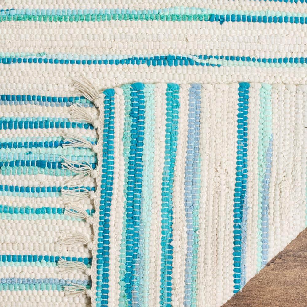 Ivory and Green Handwoven Wool Cotton Striped Area Rug 2' x 3'