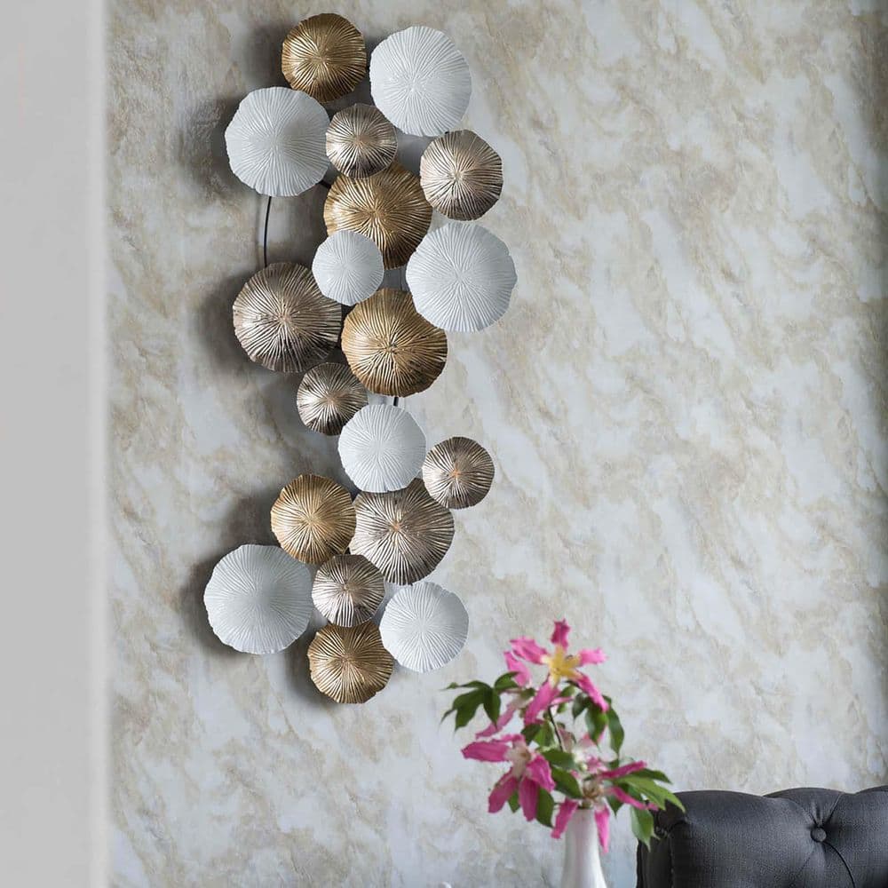 39.5 in. x 18 in. Gold and White Metal Work Wall Art Modern Accent Large Ha