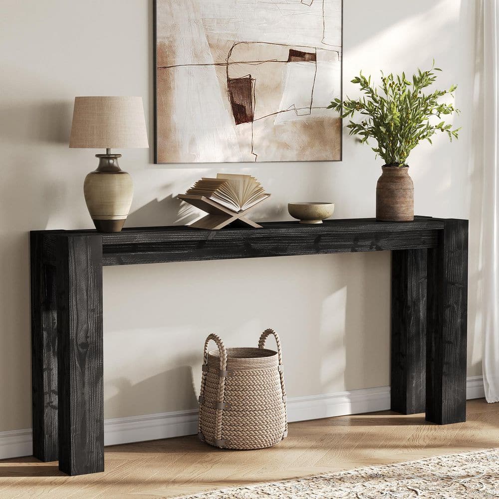 BYBLIGHT Turrella 71 in. Black Rectangle Solid Wood Console Table
