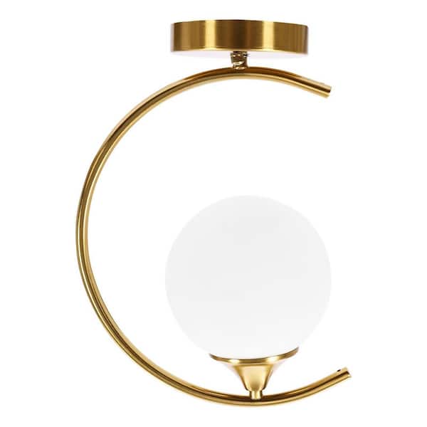 OUKANING 9 in. 1-Light Gold Modern Semi-Flush Mount Ceiling Light with White Glass Shade and No Bulbs Included