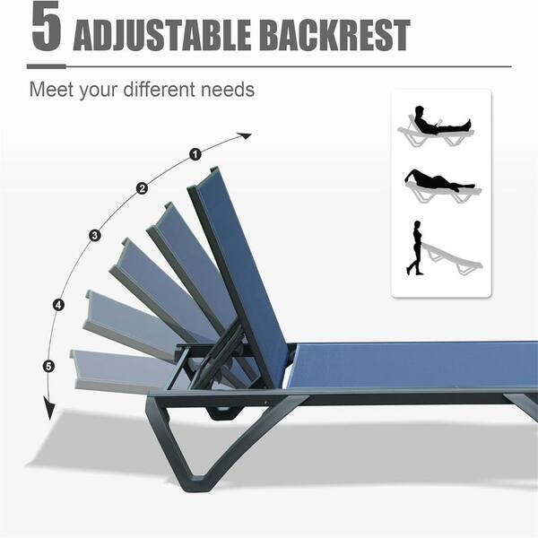 Adjustable Patio Chaise Chair Aluminum Outdoor Lounge Chair Sunbathing Chairs with 1-Side Table in Navy Blue Set of 3