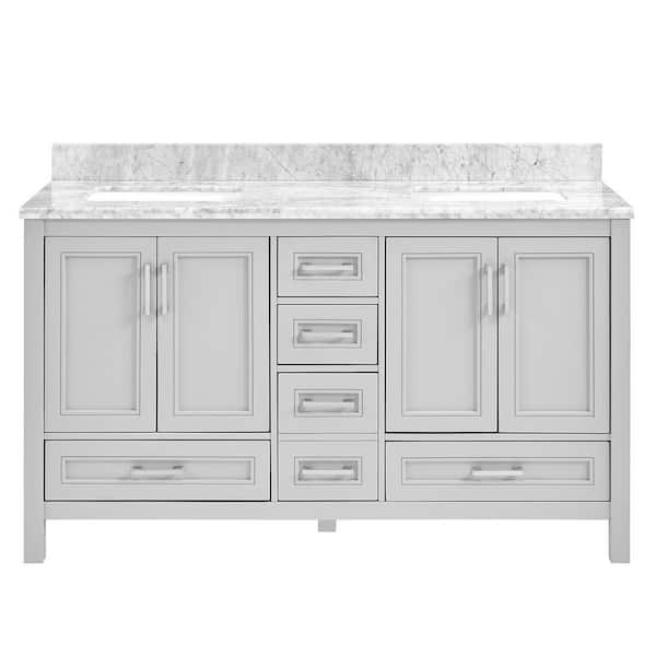ANGELES HOME 60.01 in. W x 22 in. D x 39 in. H Bath Vanity with Carrara Marble Top, Double Sink, Soft Close, 5 Drawers, Light Gray