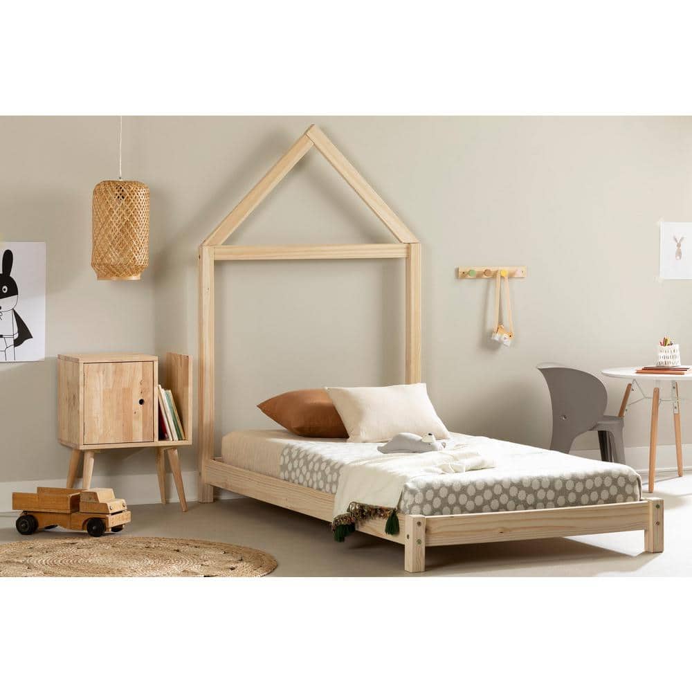 Natural Pine Twin Platform Bed with House Frame Headboard