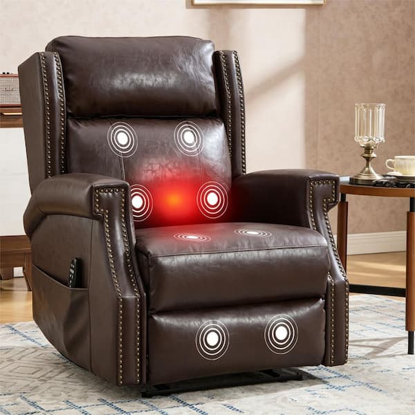 Chelsea Antique Brown Faux Waxed Leather Upholstered Manual Recliner Chair with Massage, Lumbar Heat and Nailhead Trim