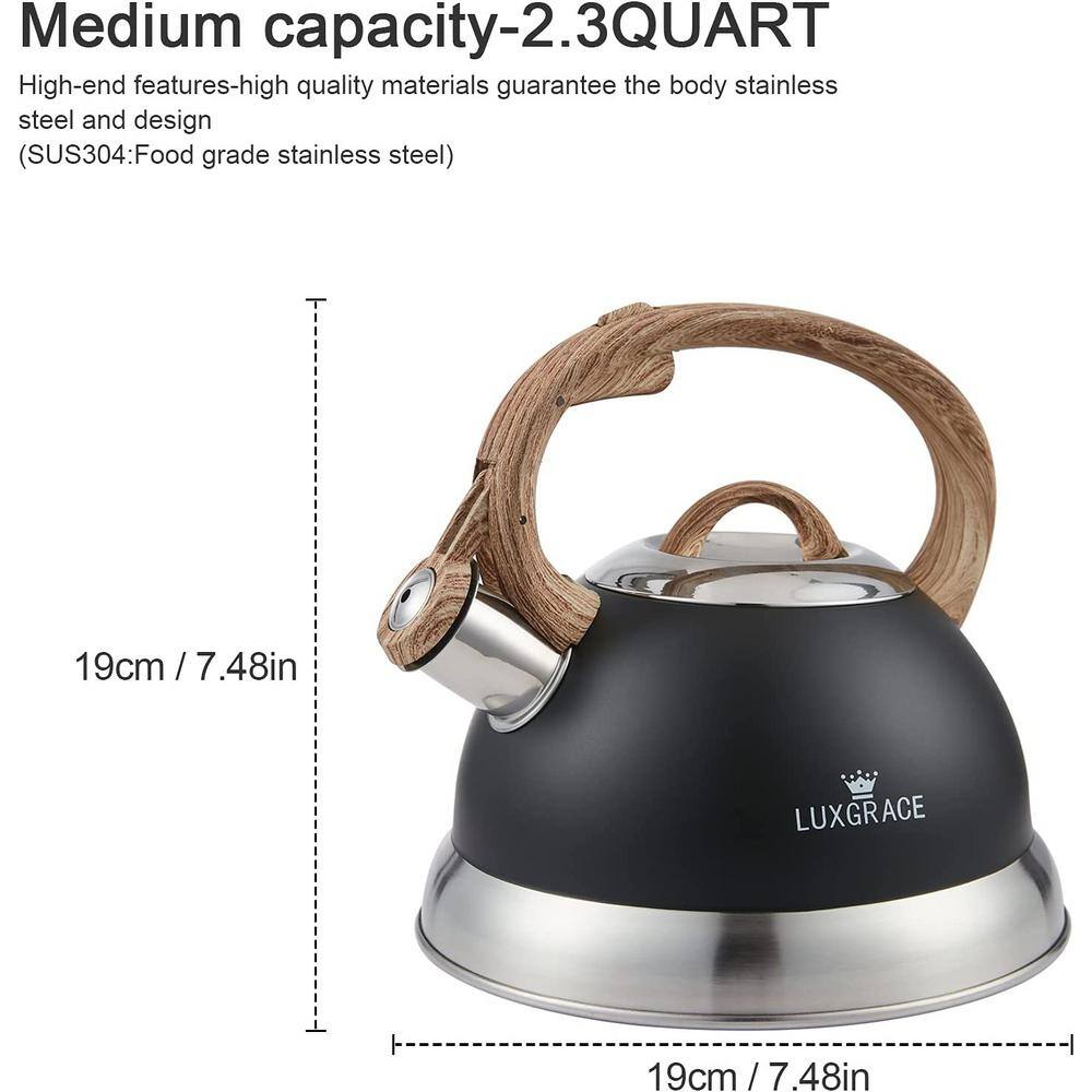 Opaque Black Stainless Steel Whistling Tea Kettle with Wood Handle