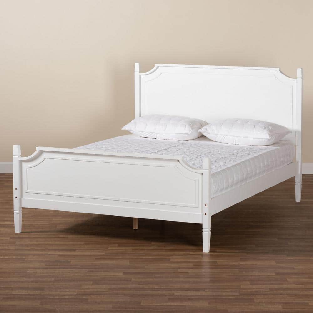 Elegant White Queen Platform Bed with Wood Frame and Upholstered Headboard