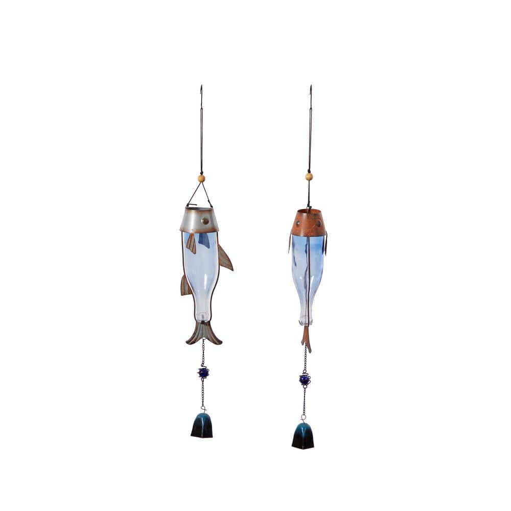 Blue Glass and Metal Fish Wind Chimes with Beads, Set of 2