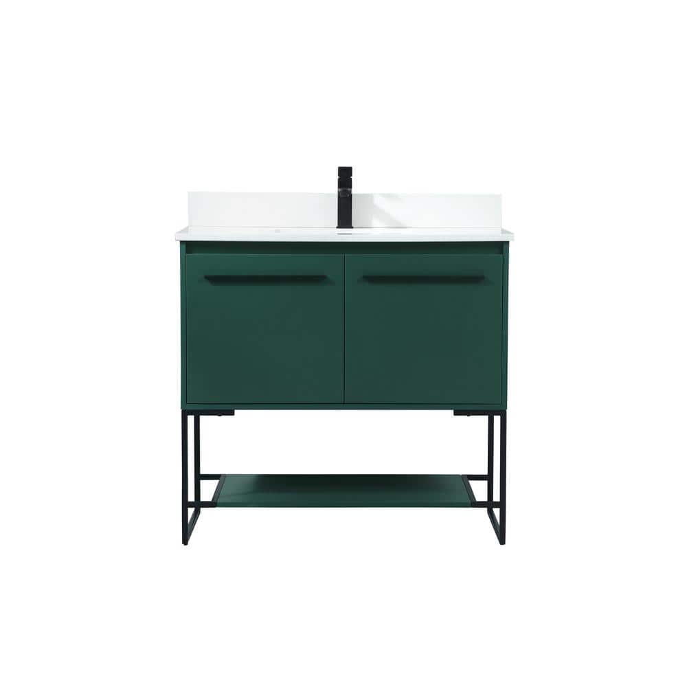 36 in. W Single Bath Vanity in Green with Engineered Stone Vanity Top in Iv