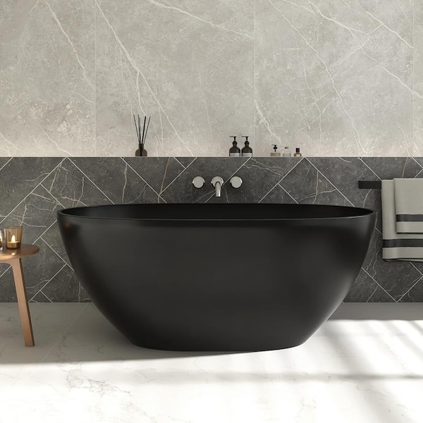 MEDUNJESS Eaton 55 in. x 29.5 in. Stone Resin Solid Surface Matte Flatbottom Freestanding Soaking Bathtub in Black