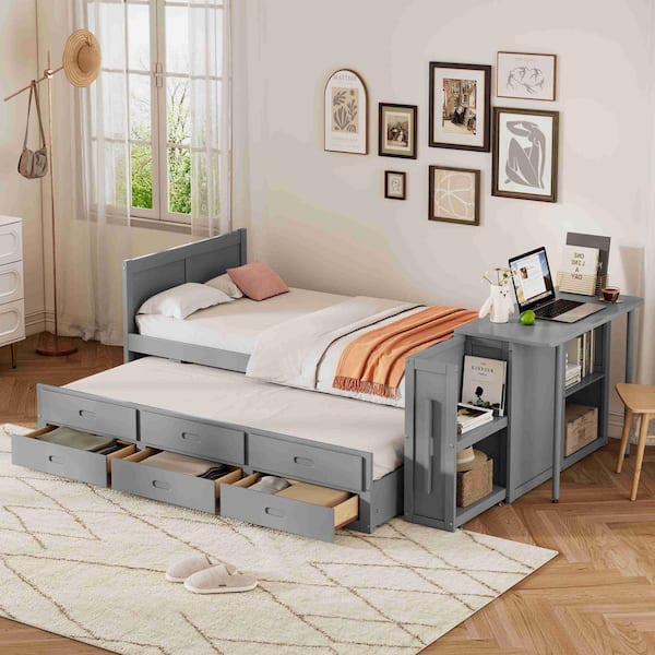 Polibi Gray Wood Frame Twin Size Platform Bed with Desk and Storage Shelf at the End of the Bed