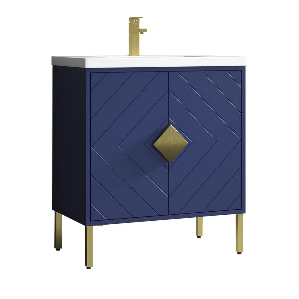 Navy Blue Wood Freestanding Bathroom Vanity with White Acrylic Top