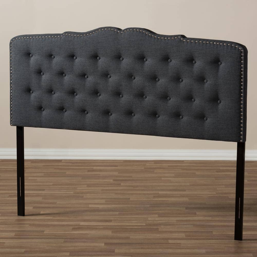 Dark Gray Tufted King Upholstered Headboard with Nailhead Trim