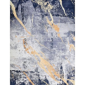 Multi-Colored 5 ft. x 6.6 ft. Abstract Design Blue Gray Yellow Machine Washable Super Soft Area Rug