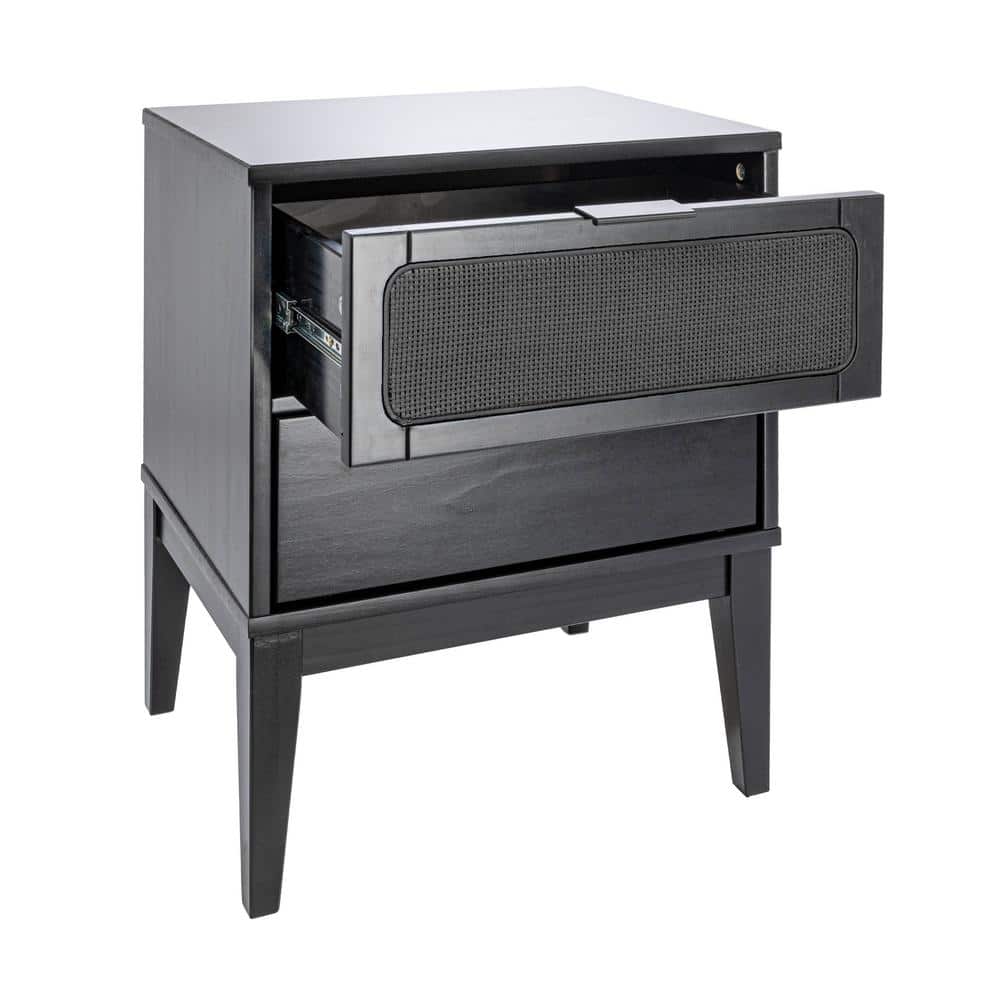 Black Wood Nightstand with Woven Cane Detail and 2 Drawers