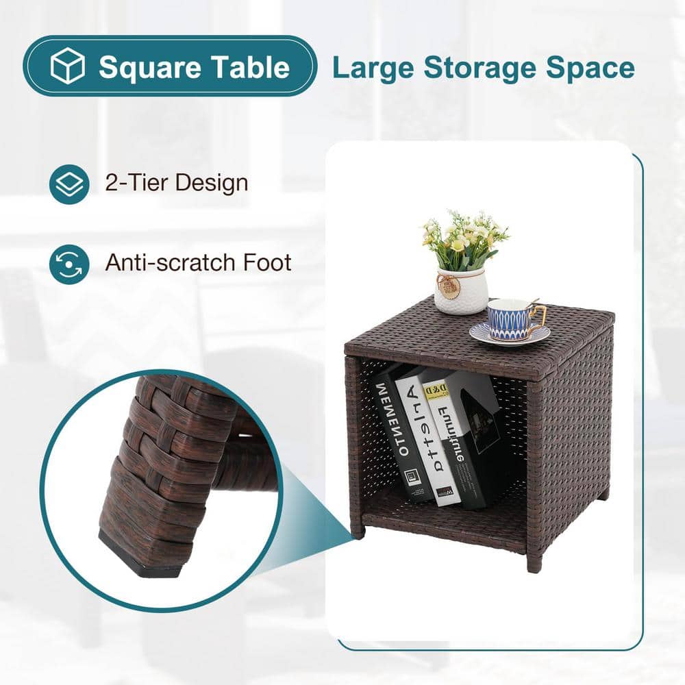 5-Piece Brown Wicker Patio Conversation Set with Beige Cushions