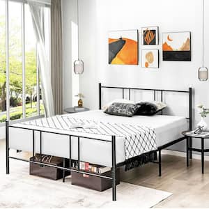 Black Steel Frame Full Size Platform Bed with High Headboard, Not Need Box Spring