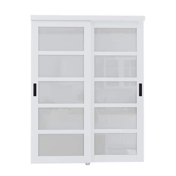 60 in. x 80 in. 5-Lite Frosted Glass Primed White MDF Closet Sliding Door No Grooving Black Handles and Hardware