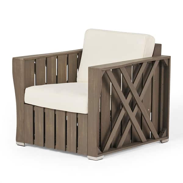 Noble House Manhattan 1-Piece Gray Wood Outdoor Patio Lounge Chair with Cream Cushion
