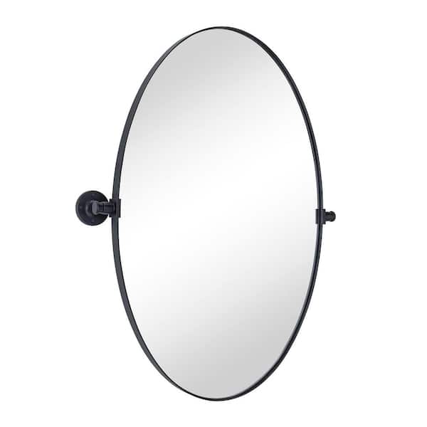 TEHOME 20 in. W x 30 in. H Small Pivoting Oval Metal Framed Wall Mounted Bathroom Vanity Mirror in Matt Black