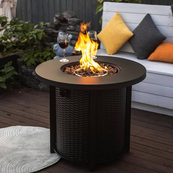 Unbranded 30 in. Round 40,000 BTU Outdoor Propane Fire Pit Table with Steel Tabletop, Lid and Rocks
