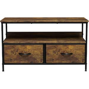 11 in. L x 22in. W x 38 in. H 2-Drawer Rustic Brown TV Stand Steel Frame Wood Top Easy Pull Fabric Bins