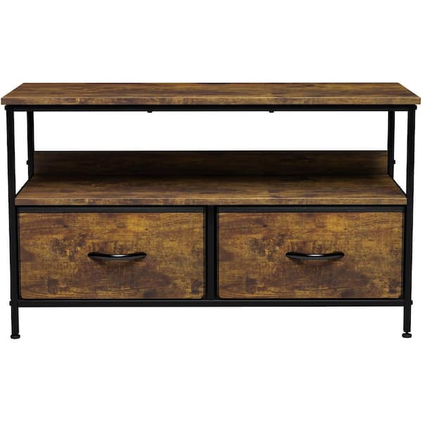 11 in. L x 22in. W x 38 in. H 2-Drawer Rustic Brown TV Stand Steel Frame Wood Top Easy Pull Fabric Bins