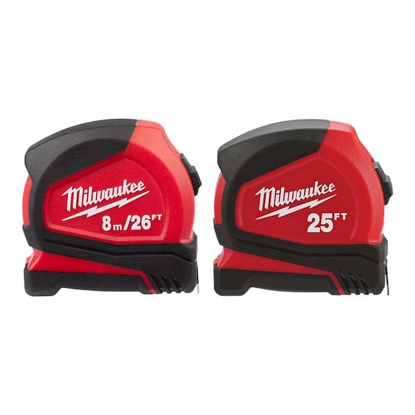 Milwaukee 8 m/26 ft. Compact Tape Measure with Compact Auto Lock 25 ft. SAE Tape Measure with Fractional Scale and 9 ft. Standout