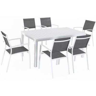 Del Mar 7-Piece Aluminum Outdoor Dining Set with 6 Sling Chairs in Gray/White and a 63 in. x 35 in. Dining Table
