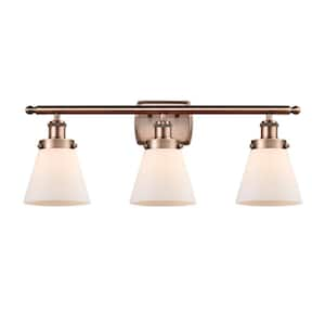 Cone 26 in. 3-Light Antique Copper, Matte White Vanity Light with White Glass Shade