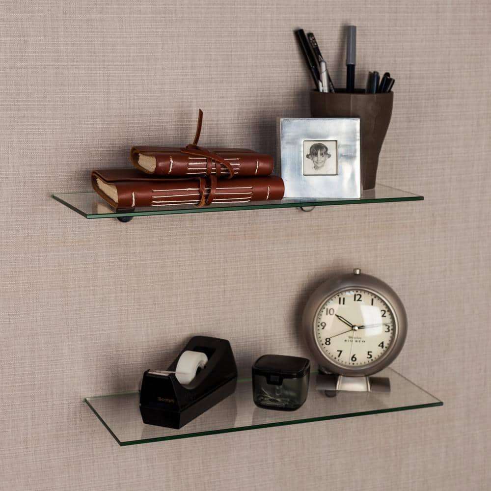 Sleek 20" Black Tempered Glass Wall Shelves, Set of 2