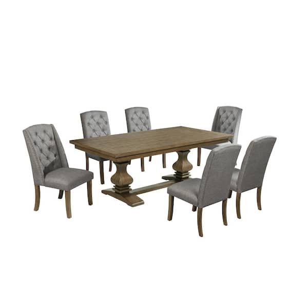 Best Quality Furniture Ameen 7-Piece Rectangle Rustic Oak Finish Wood Top Dining Set with 4-Grey Linen Fabric Side Chairs and 2-Wing Chairs