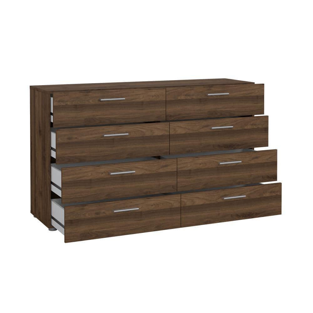 Walnut 8 Drawer Double Dresser with Metal Handles