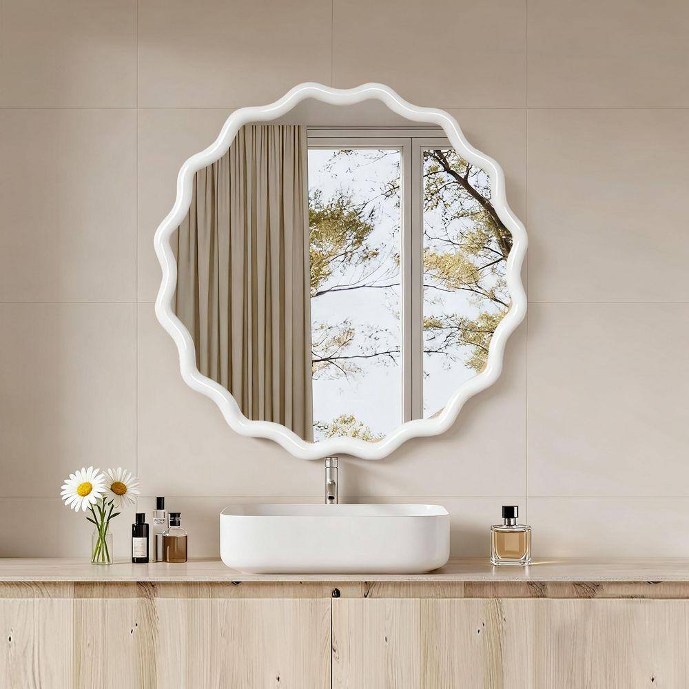 Tradrou White 30 in. W x 30 in. H Modern Wavy Round Solid Wood Framed ...