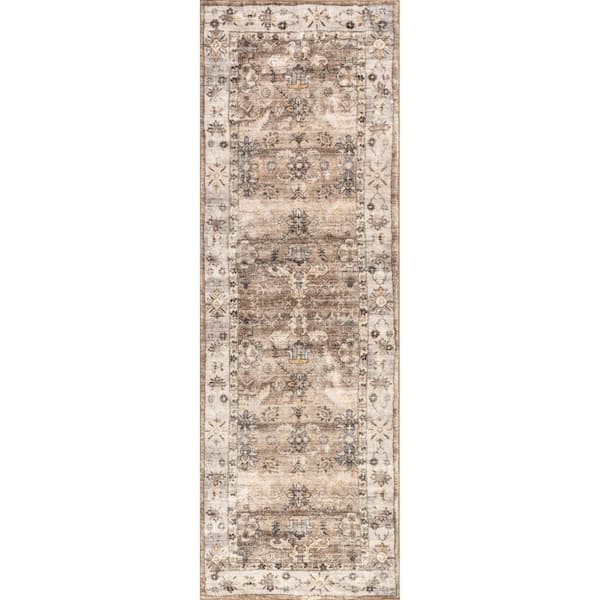 Tansy Traditional Vintage Machine Washable Area Rug Beige 30 ft. x 96 ft. Runner Rug
