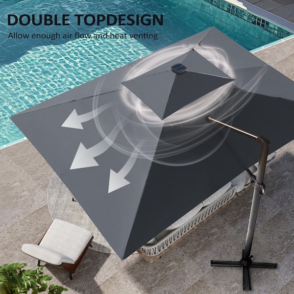 10 ft. x 13 ft. Heavy Duty Cantilever Tiltable 360° Rotation Solar LED Lighted Patio Umbrella in Gray and Umbrella Base
