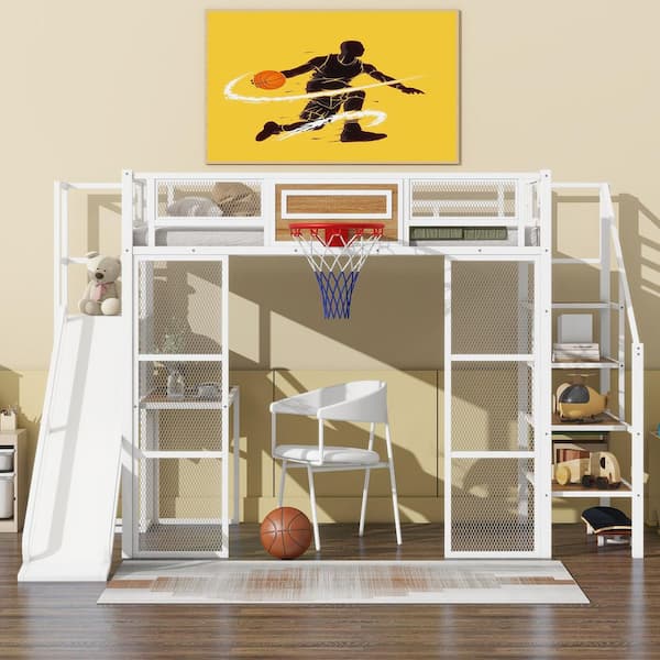 ロフトベッド Harper & Bright Designs White Full Size Metal Loft Bed with Built