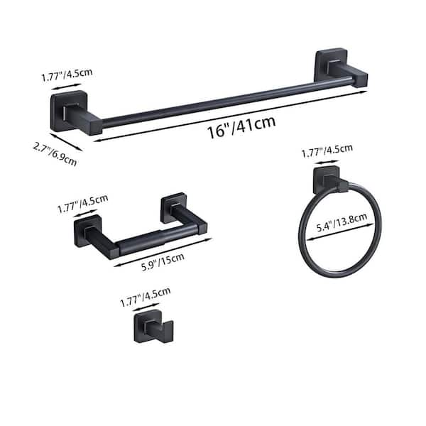 4-Piece Bathroom Hardware Set with 16 in. Hand Towel Bar Towel Ring Robe Towel Hooks Toilet Paper Holder in Matte Black