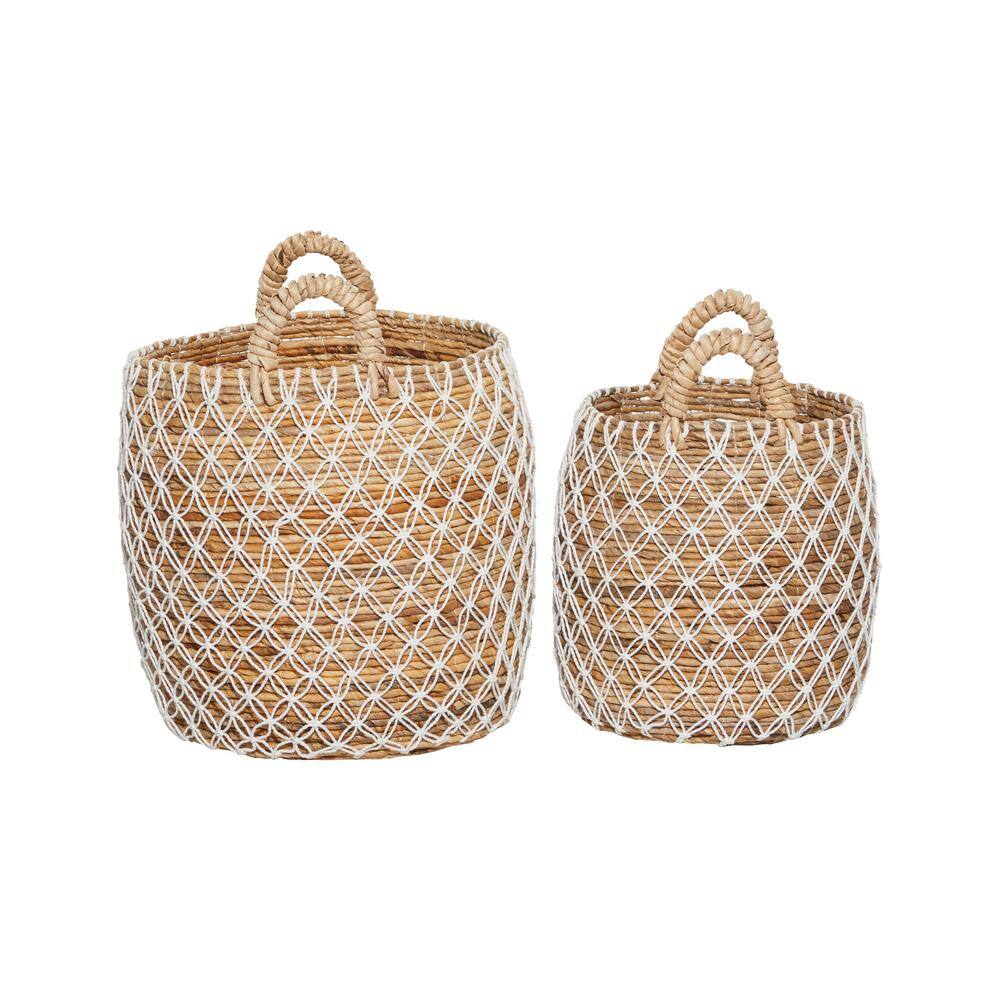 Handmade Brown and White Banana Leaf Round Storage Baskets, Set of 2
