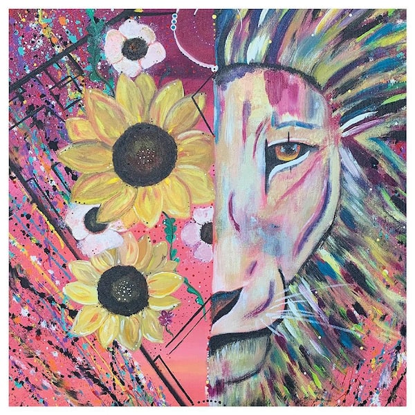 VENICE BEACH Collections Lion Flower Splatter Design by Sarah Wahl 1-Piece Unframed Canvas Drawing Print 30 in. x 30 in.