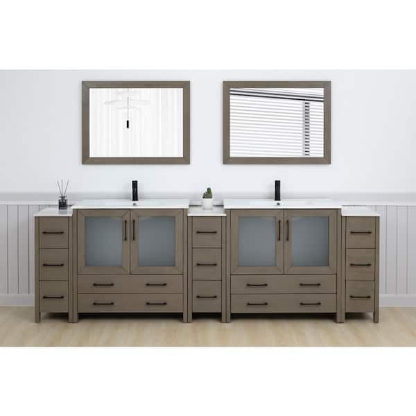 108 in. W x 18 in. D x 36 in. H Driftwood Gray Bath Vanity with White Ceramic Top and Mirror