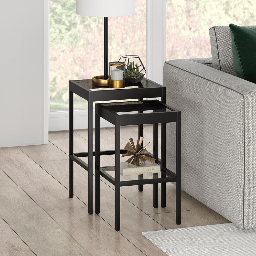 Alexis Transitional Blackened Bronze Nested Side Table Set with Glass Tops